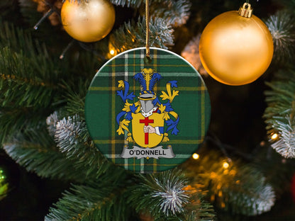 Physical Item White / 3" ODonnell Irish Surname Coat of Arms Ceramic Christmas Ornament, Tartan Background