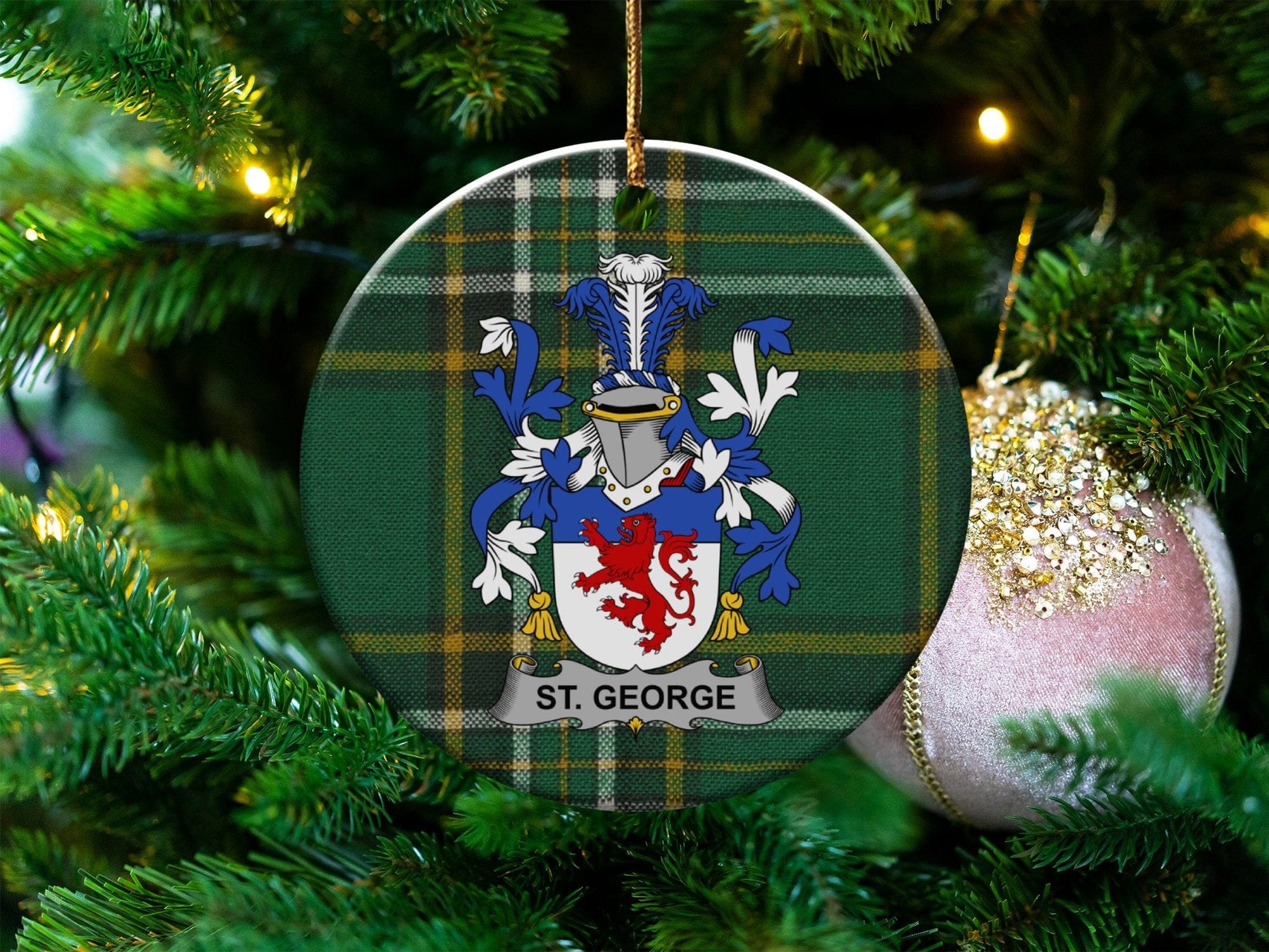 Physical Item White / 3" St. George Coat of Arms on Irish Tartan Christmas Ornaments