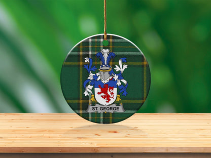 Physical Item White / 3" St. George Coat of Arms on Irish Tartan Christmas Ornaments