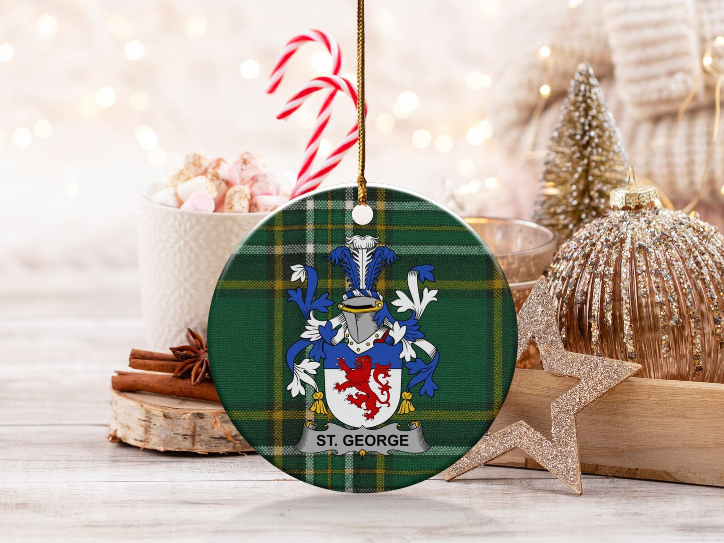 Physical Item White / 3" St. George Coat of Arms on Irish Tartan Christmas Ornaments