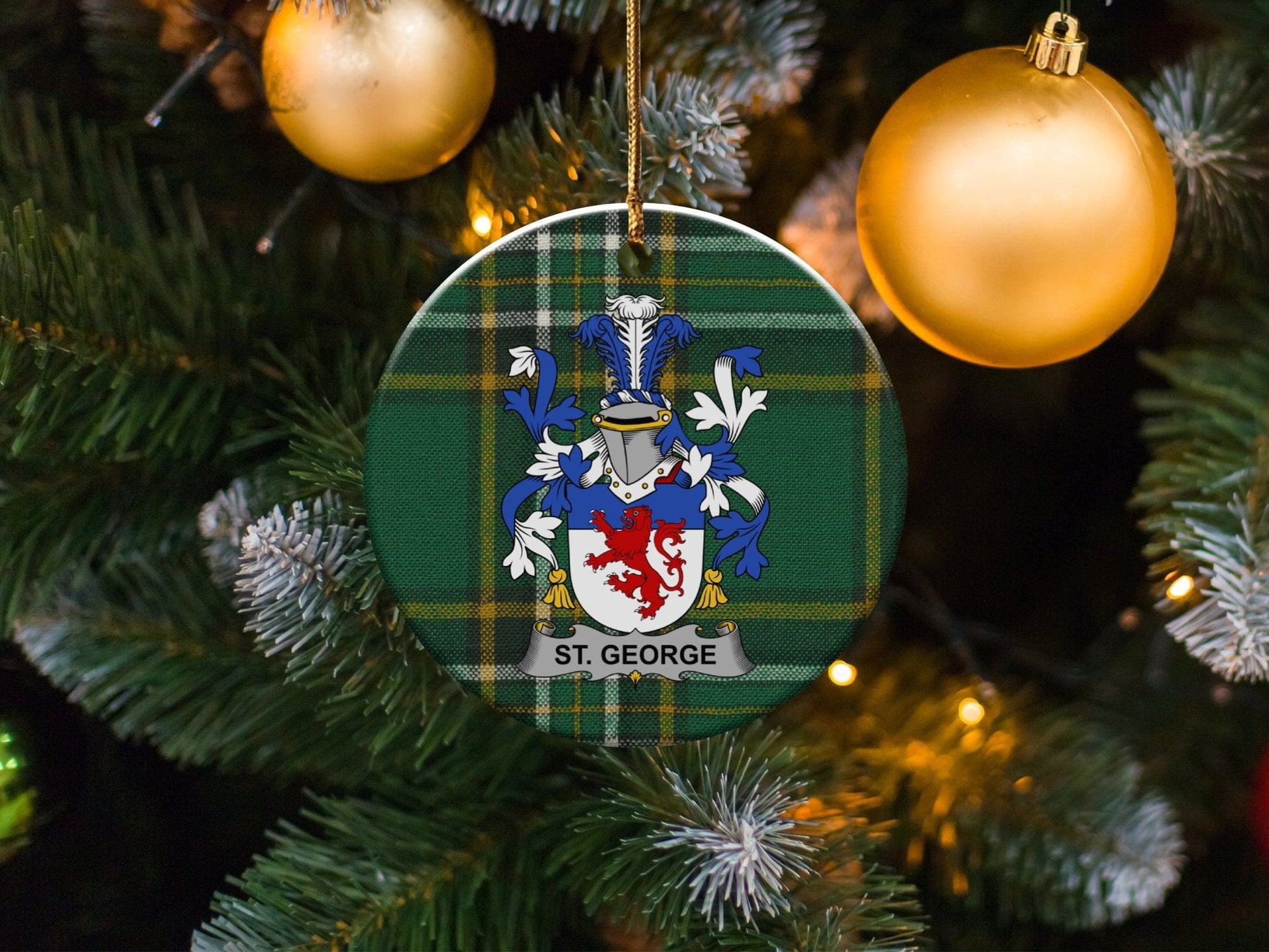 Physical Item White / 3" St. George Coat of Arms on Irish Tartan Christmas Ornaments