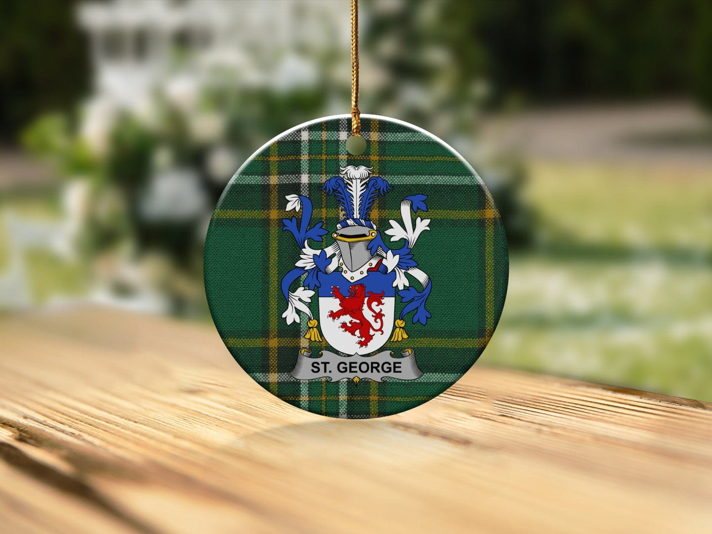 Physical Item White / 3" St. George Coat of Arms on Irish Tartan Christmas Ornaments