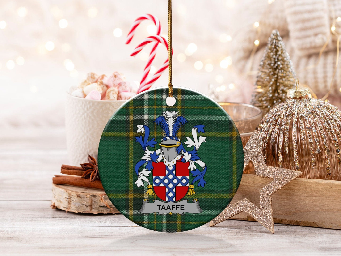 Physical Item White / 3" Taaffe Coat of Arms Irish National Tartan Christmas Ornaments