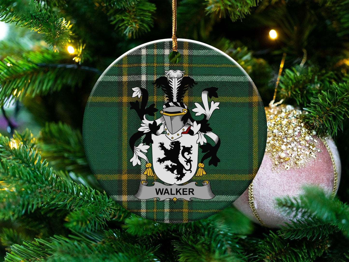 Physical Item White / 3" WALKER Irish Surname Coat of Arms Christmas Ornaments