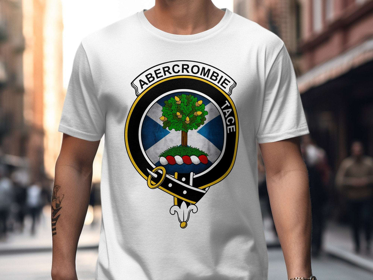 Physical Item White / S Abercrombie Clan Crest on St Andrews Flag Background T-Shirt