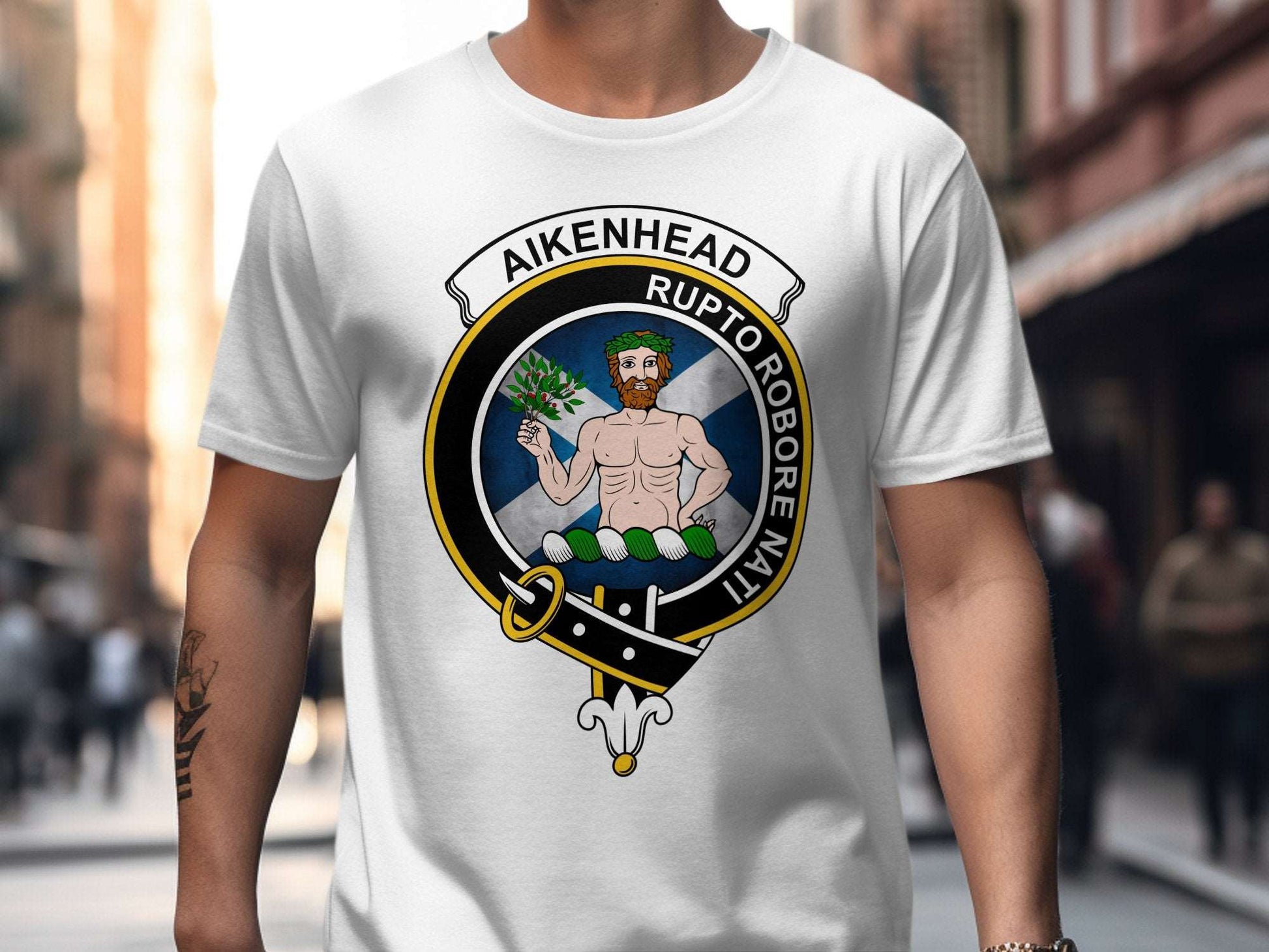 Physical Item White / S Aikenhead Clan Crest on Saint Andrews Flag Background T-Shirt