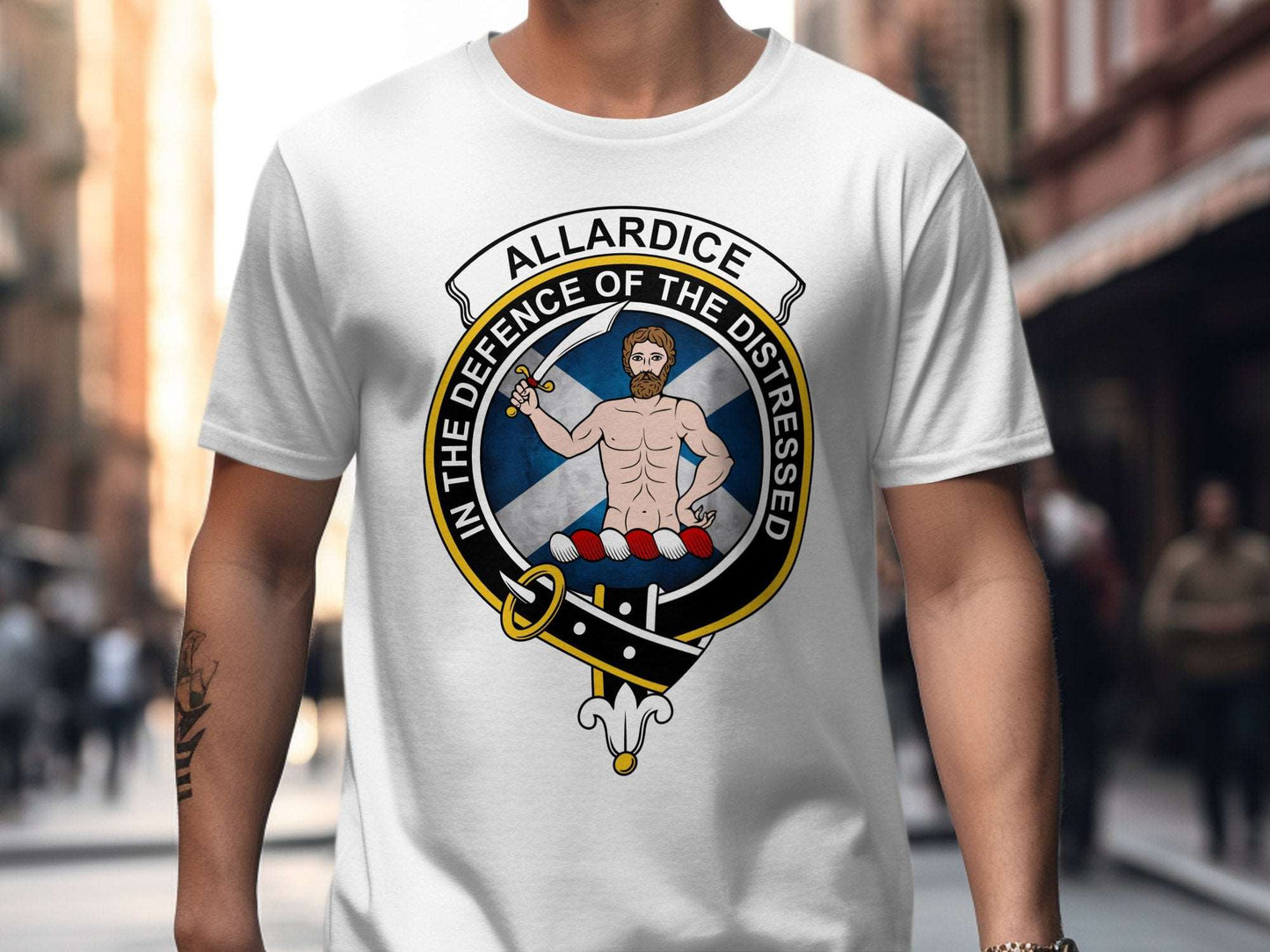 Physical Item White / S Allardice Clan Crest on St Andrews Flag Background T-Shirt