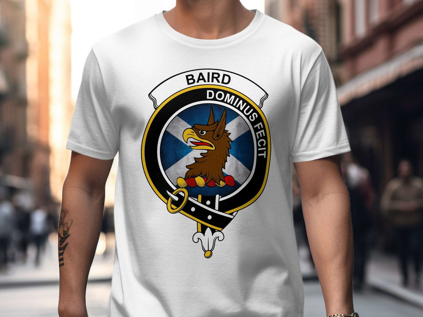 Physical Item White / S Baird Scottish Clan Crest St Andrews Background T-Shirt