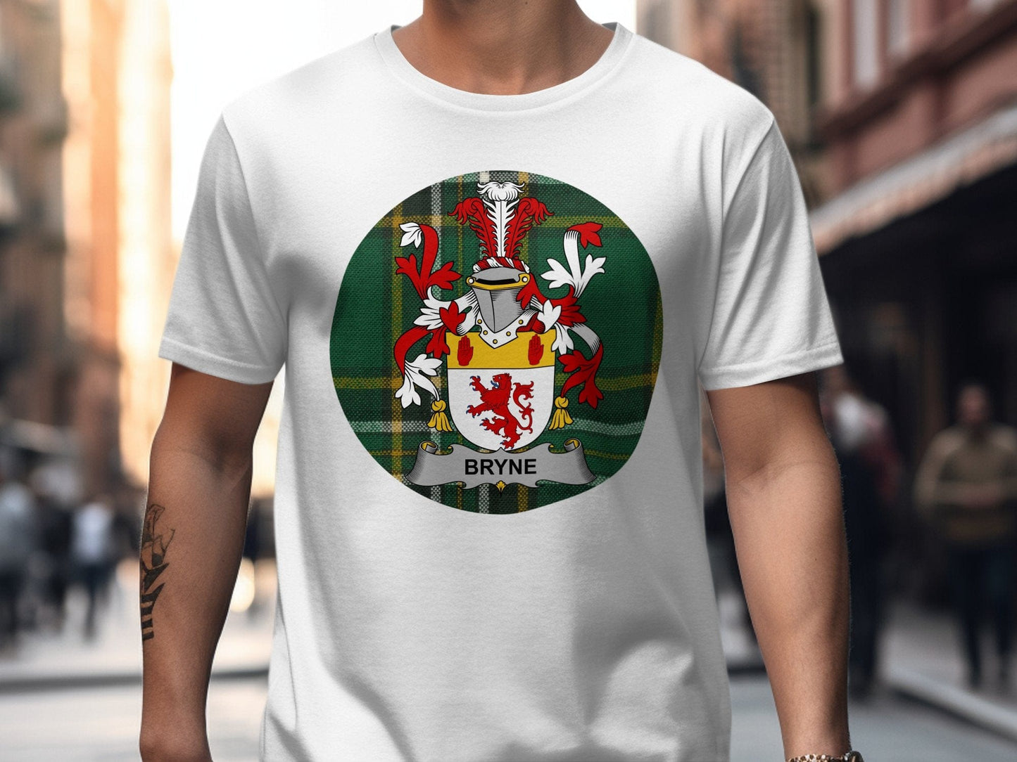 Physical Item White / S Bryne Coat of Arms on Irish Tartan Background T-Shirt