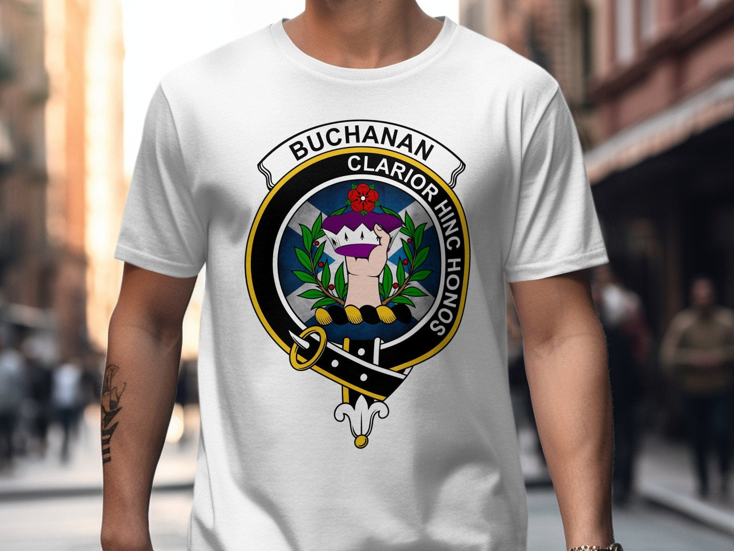 Physical Item White / S Buchanan Clarion Hinc Honos Scottish Clan Crest T-Shirt