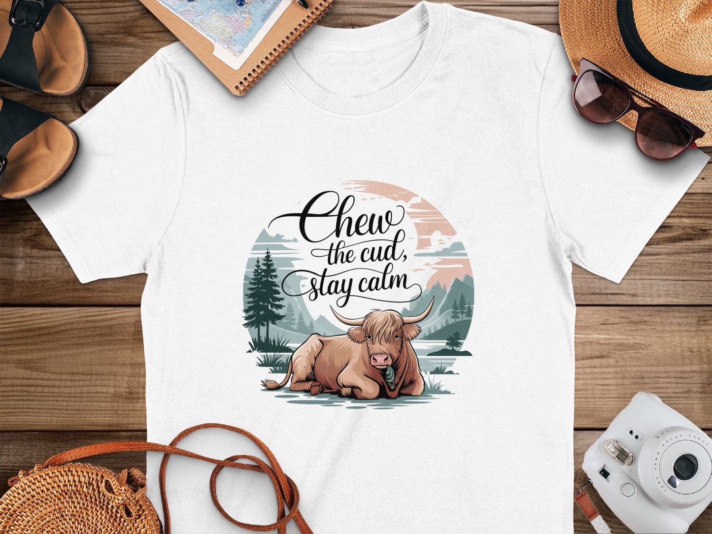 Physical Item White / S Chew the Cud Stay Calm Highland Cow Graphic T-Shirts