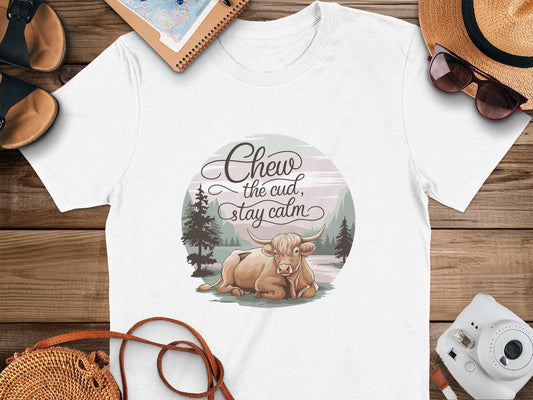 Physical Item White / S Chew The Cud Stay Calm Highland Cow Graphic T-Shirts