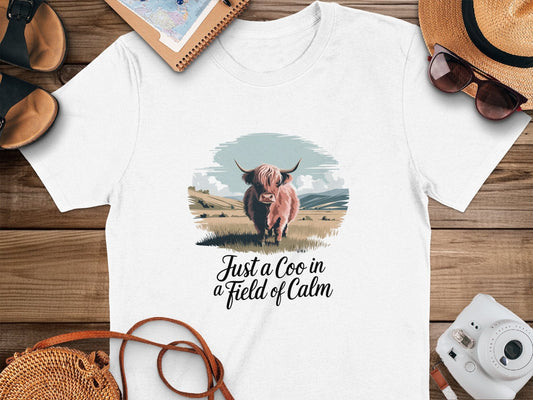 Physical Item White / S Highland Cow Just a Coo in a Field of Calm T-Shirts