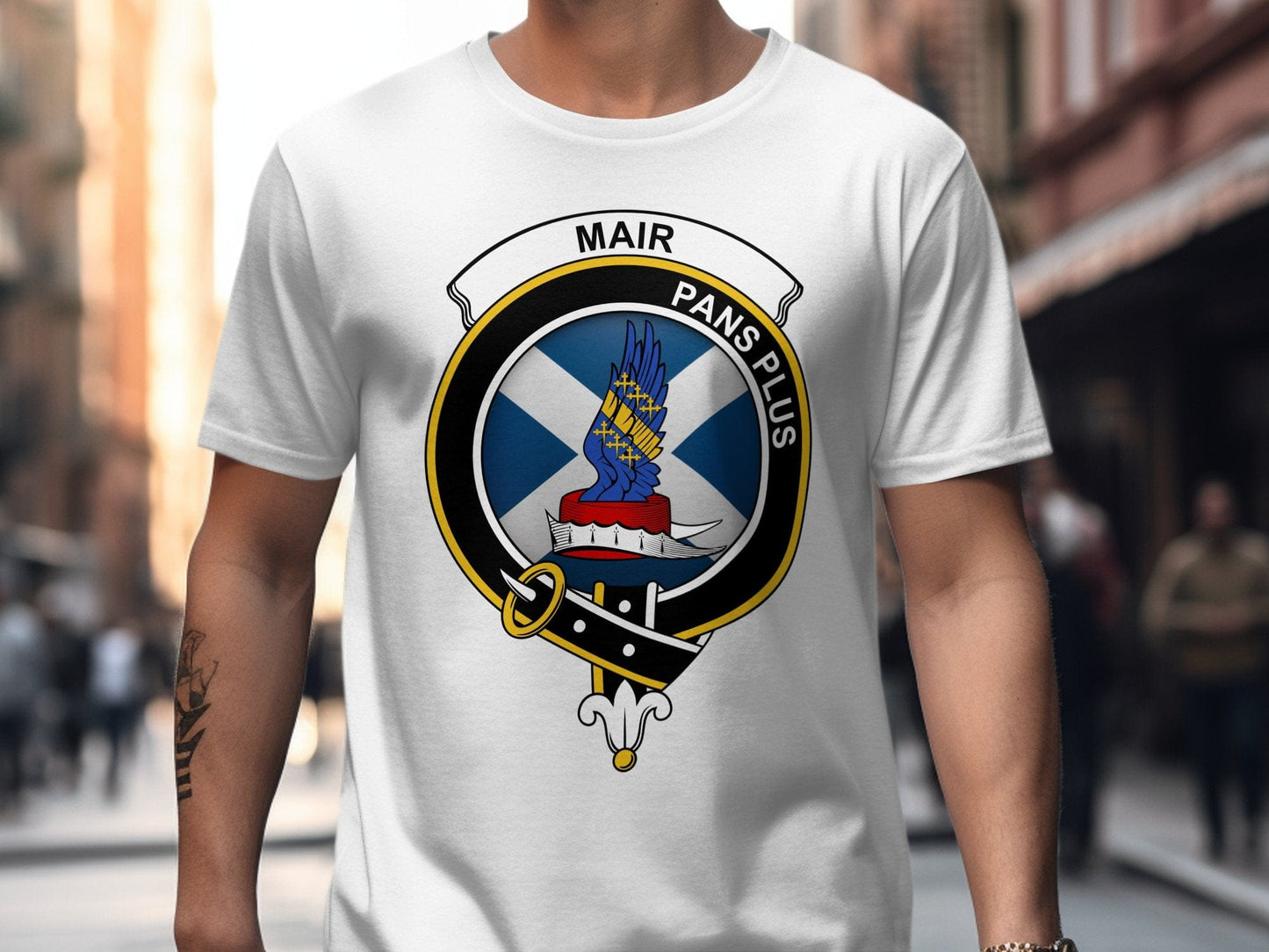 Physical Item White / S Mair Clan Crest on St Andrews Flag Background T-Shirt