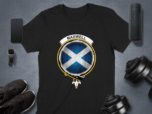 Physical Item White / S Maxwell Clan Crest on St Andrews Flag Background T-Shirt