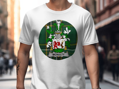 Physical Item White / S McNulty Coat of Arms on Irish National Tartan Background T-Shirt