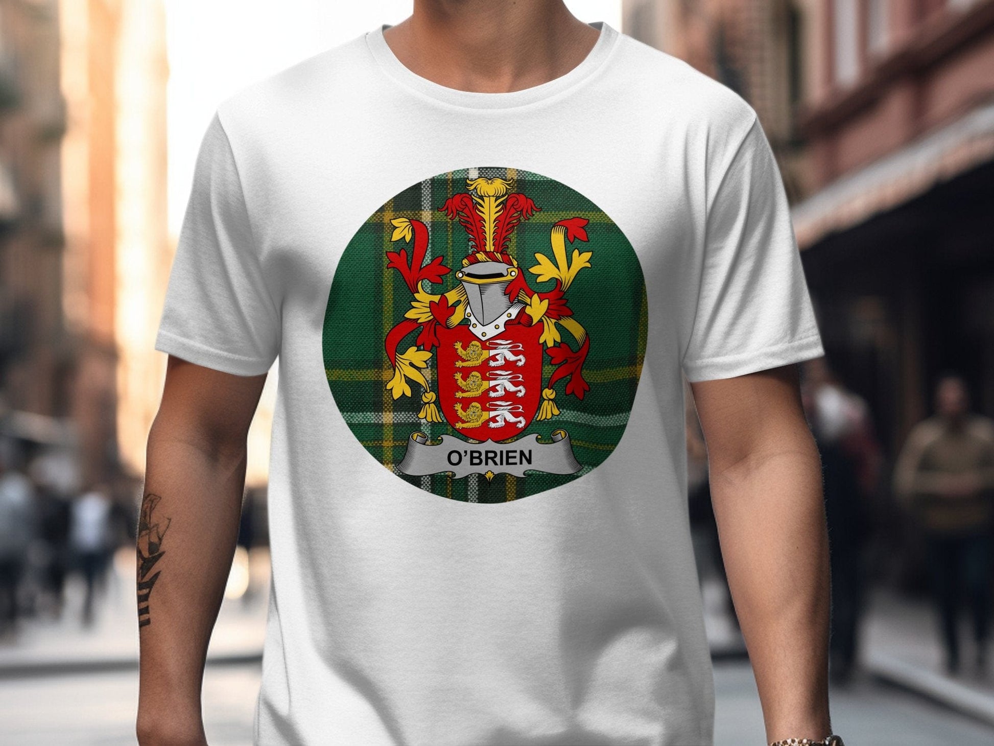 Physical Item White / S O'Brien Coat of Arms on Tartan Background T-Shirt