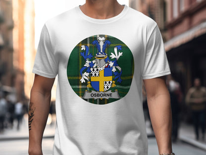 Physical Item White / S Osborne Irish Surname Coat of Arms on Tartan Background T-Shirt