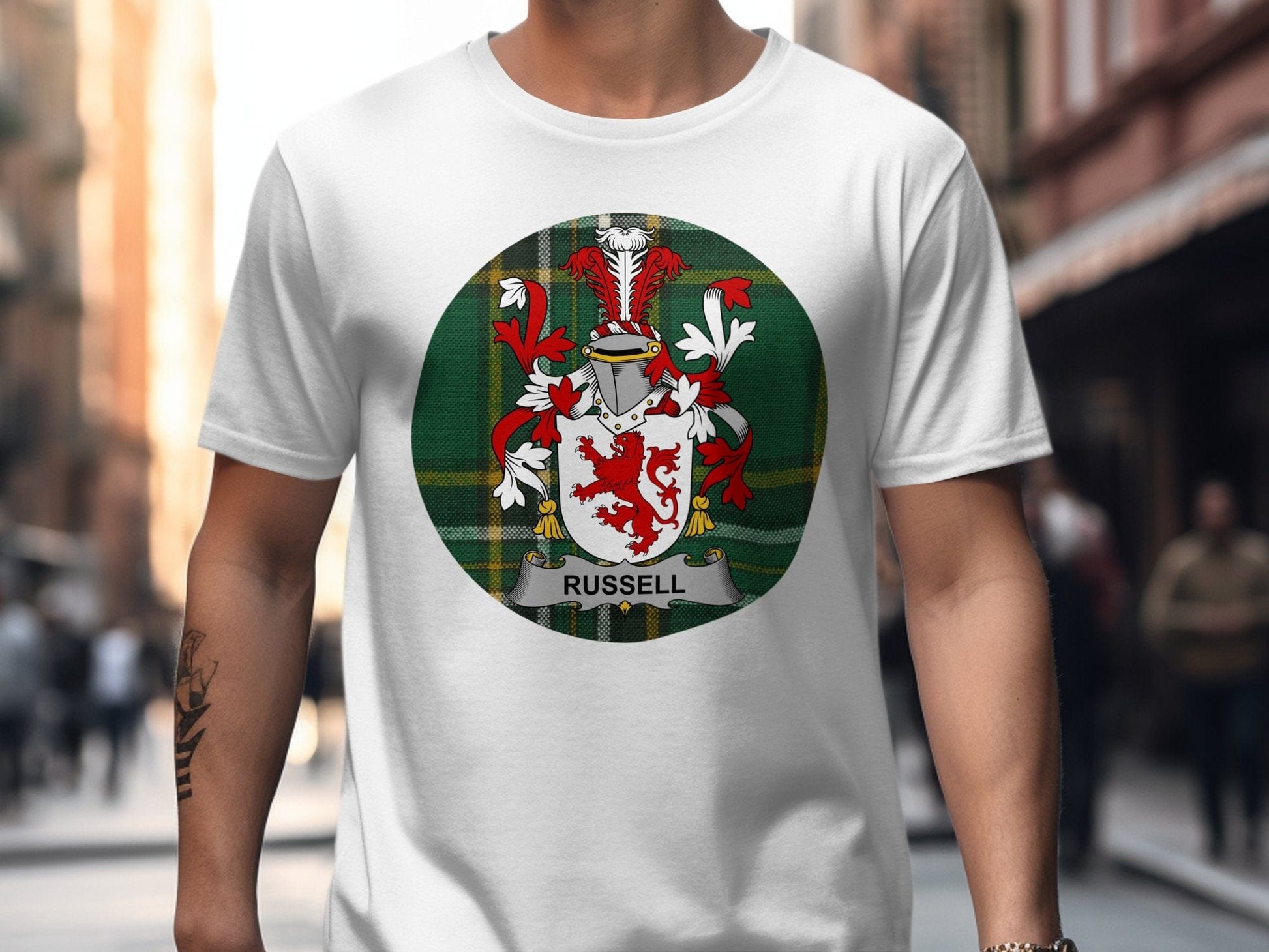 Physical Item White / S Russell Irish Surname Coat of Arms Tartan Background T-Shirt