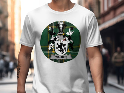 Physical Item White / S Walker Irish surname coat of arms Tartan background T-Shirt