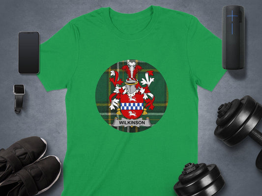 Physical Item Wilkinson Coat of Arms on Irish Tartan Background T-Shirt