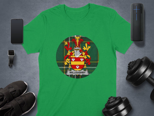 Physical Item Willoughby Coat of Arms on Irish Tartan Background T-Shirt