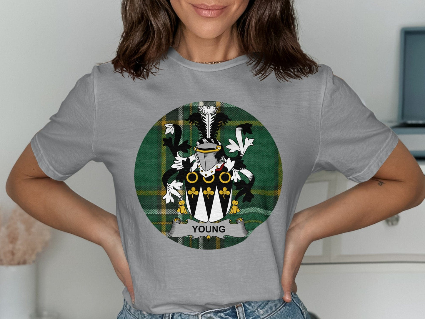 Physical Item Young Coat of Arms on Irish Tartan Background T-Shirt