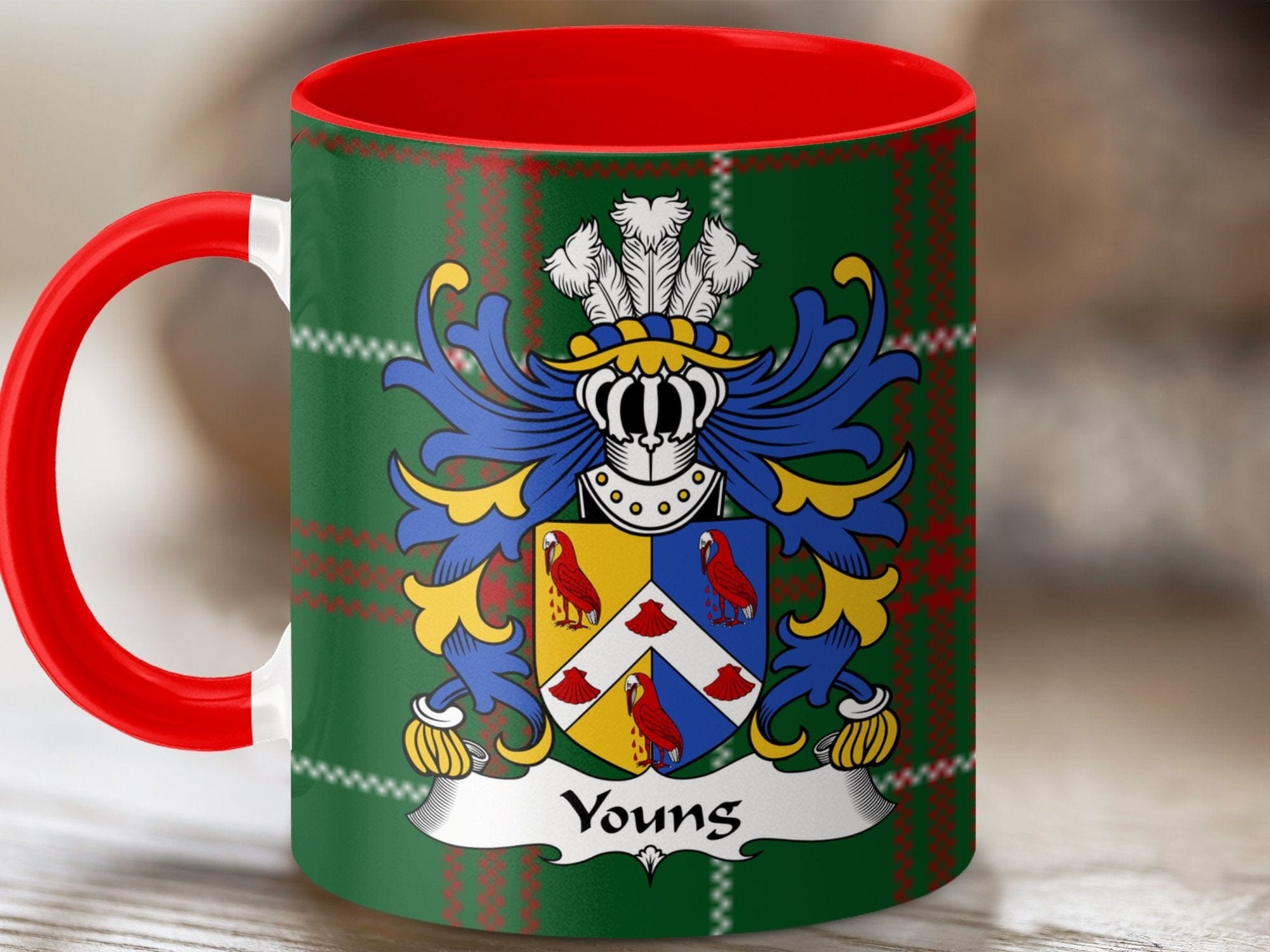 Physical Item Youngs Welsh Surname Coat of Arms on National Tartan Mug