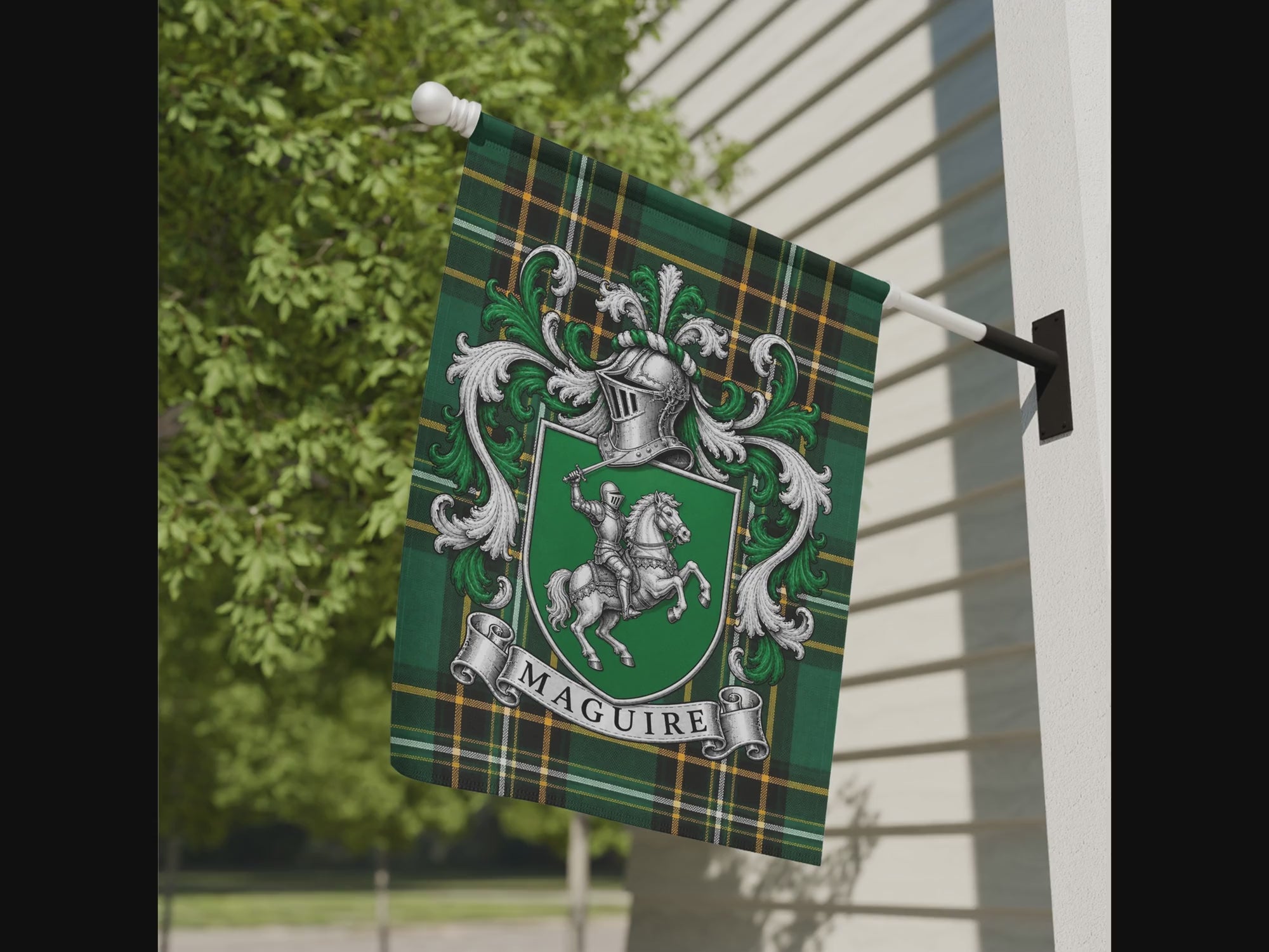 Maguire family crest garden flag on the Irish National Tartan, video view