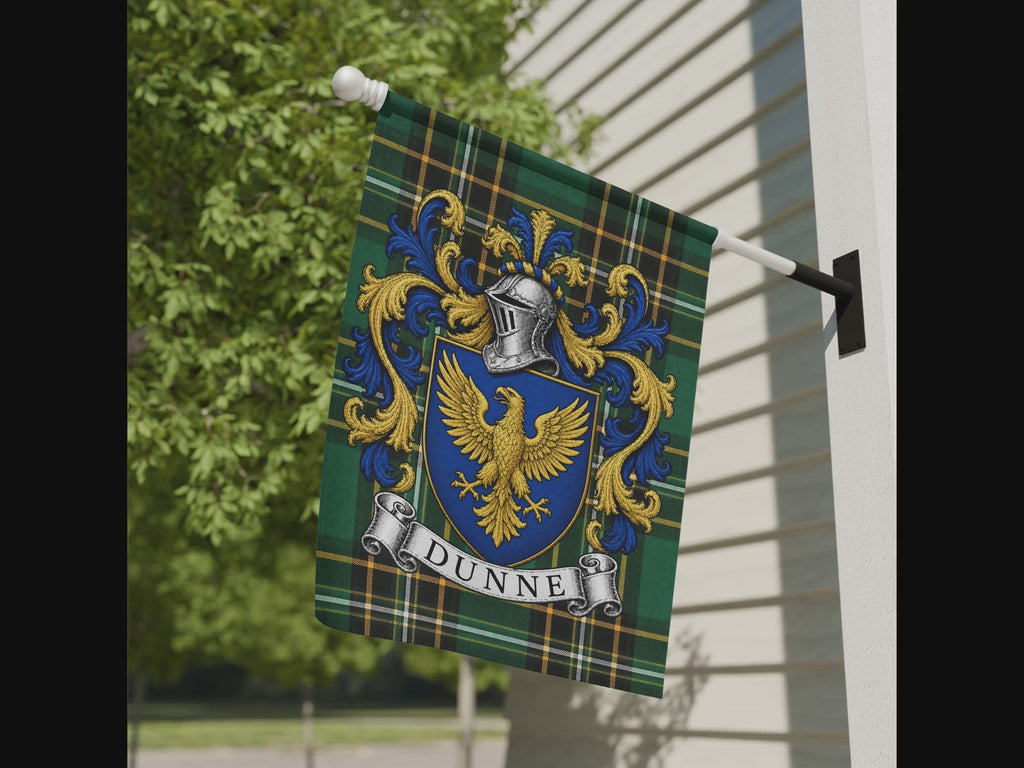 Dunne Irish family crest garden flag video on the Irish National Tartan