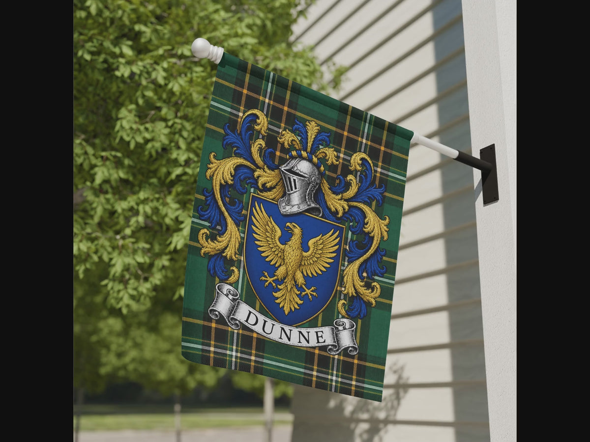 Dunne Irish family crest garden flag video on the Irish National Tartan