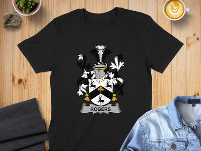 S / Black Rogers Heritage Family Crest Design T-Shirt