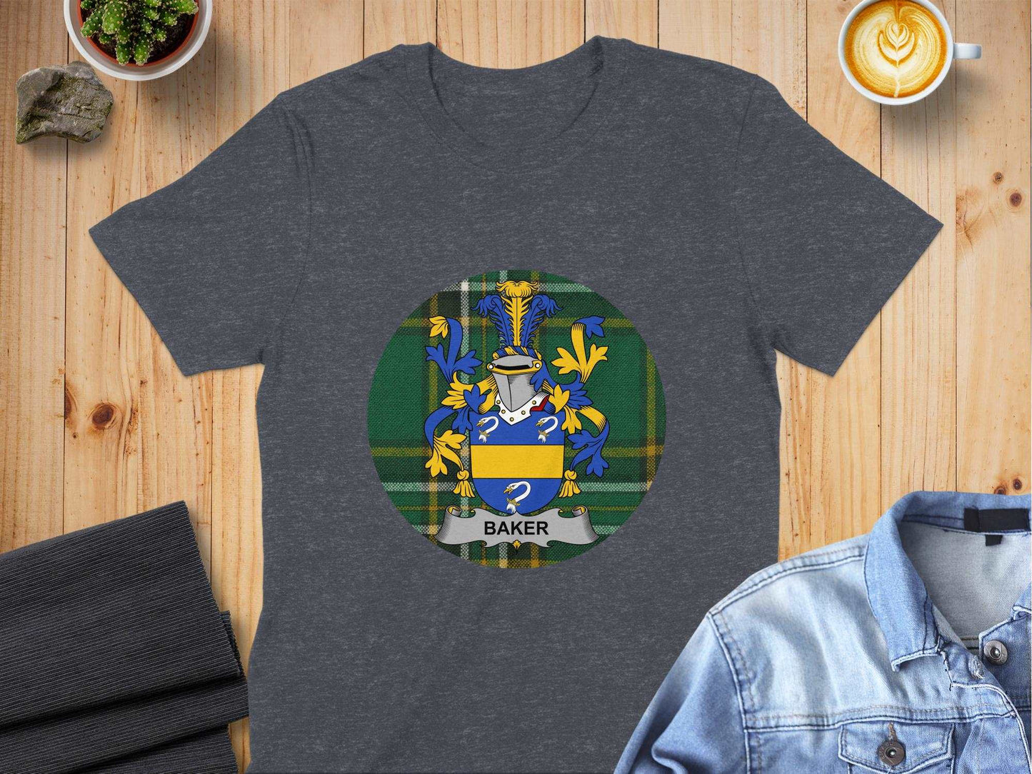 S / Dark Heather Baker Family Crest on Irish National Tartan Background T-Shirt