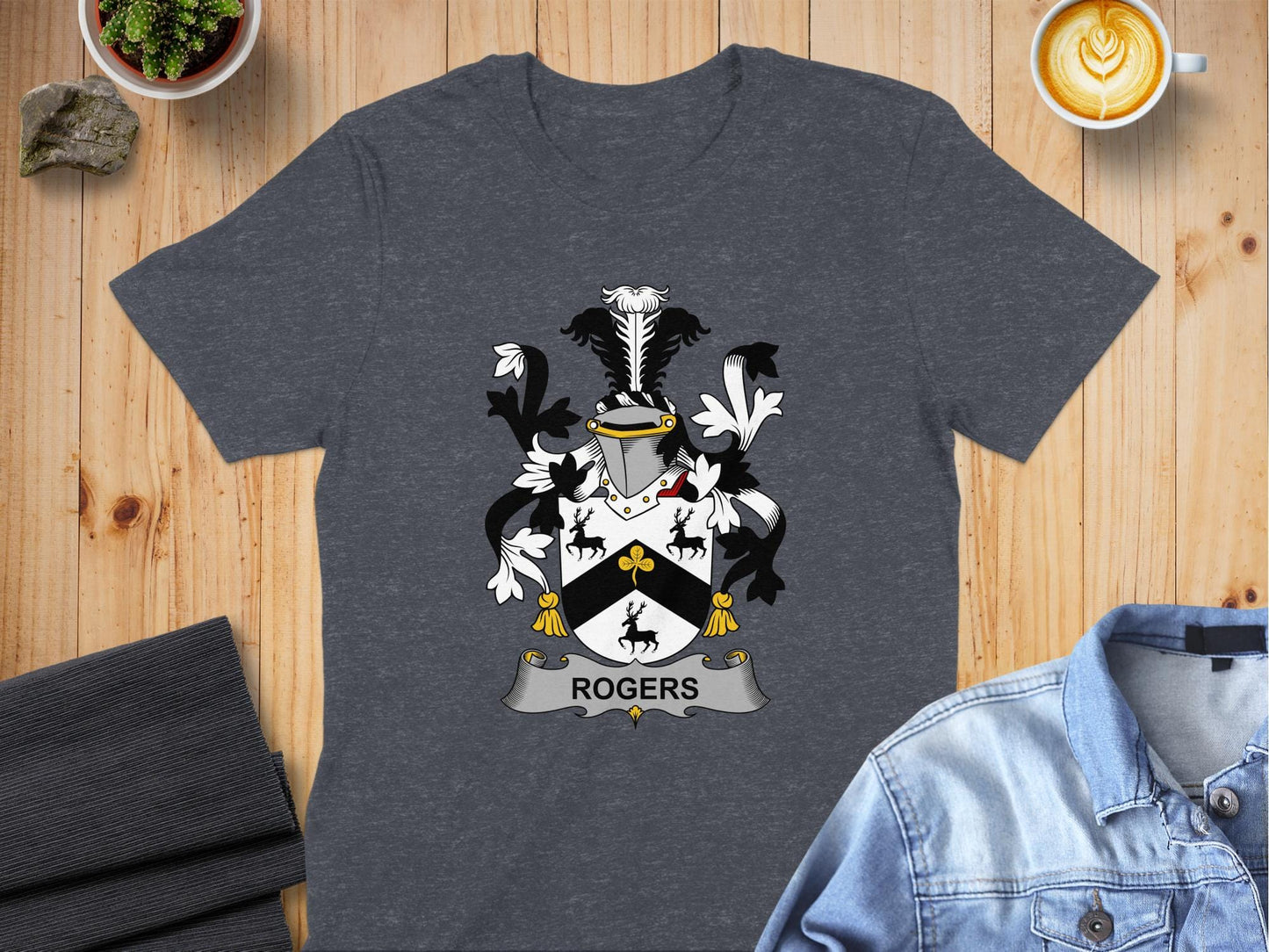 S / Dark Heather Rogers Heritage Family Crest Design T-Shirt