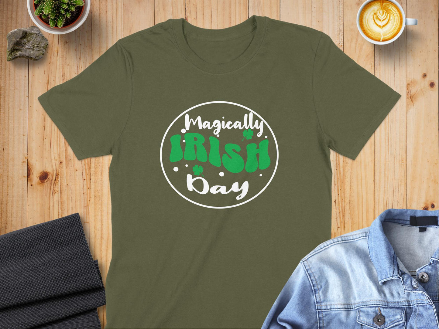 S / Military Green Shamrock Filled Green Irish Text Graphic T-Shirt