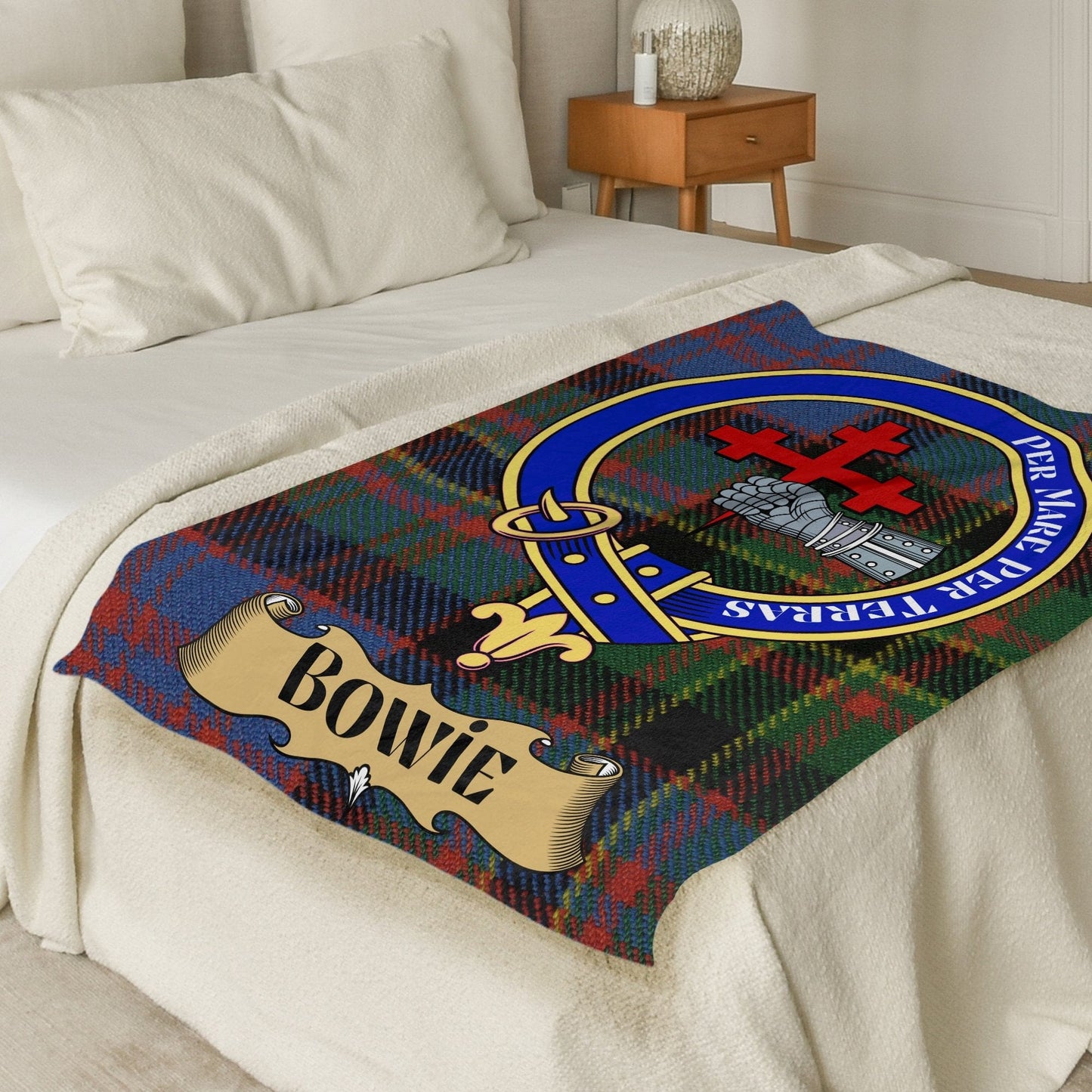 Scottish Clan Bowie Crest Tartan Throw Blanket